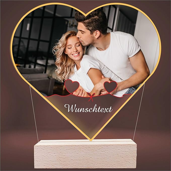 3D LED Lampe Herz - personalisiert - mit Foto und Wunschtext